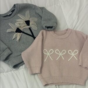 Pink Bow Knit Sweater + Gray Floral Applique Sweatshirt (Set)